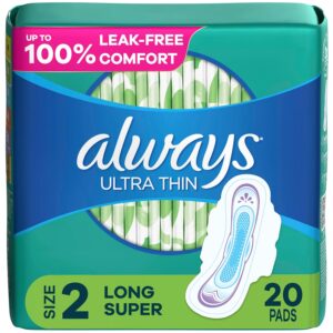 Always Ultra Thin Feminine Pads with Wings for Women, Size 2, Long Super Absorbency, Unscented, Up to 100% Leak-Free Protection, 20 Count