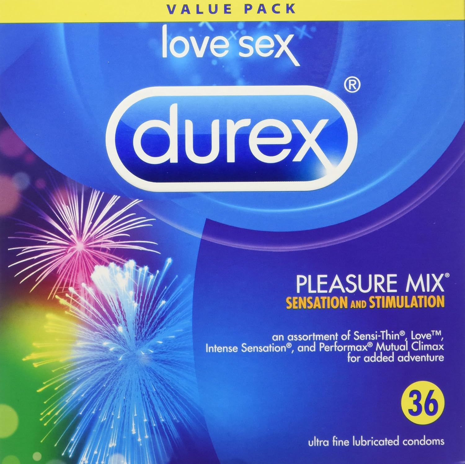 DUREX Pleasure Mix Condoms, Assorted Sensation Pack with Sensi-Thin, Love, Intense Sensation, and Performax Mutual Climax for Extra Pleasure and Stimulation, 36 Count