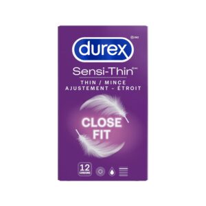 DUREX Sensi-Thin Close Fit Condoms, Ultra-Thin Premium Quality Latex Condoms for Enhanced Sensitivity and Comfort, Narrow Fit with 52.5mm Nominal Width, Pre Lubricated, 12 Count