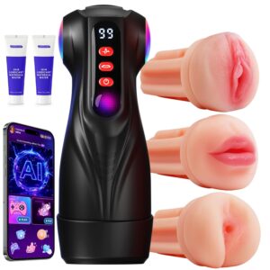 Male Masturbator Sex Toys for Men - 3 Sleeves AI Sync Pocket Pussy Penis Pump with 9 Sucking & 9 Vibrating, APP Mens Sex Toy Adult Toys, Colorful Lighting Male Stroker Sex...