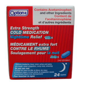 Option+ Extra Strength Cold Medication Nighttime Relief Chill Burst 24 Caplets