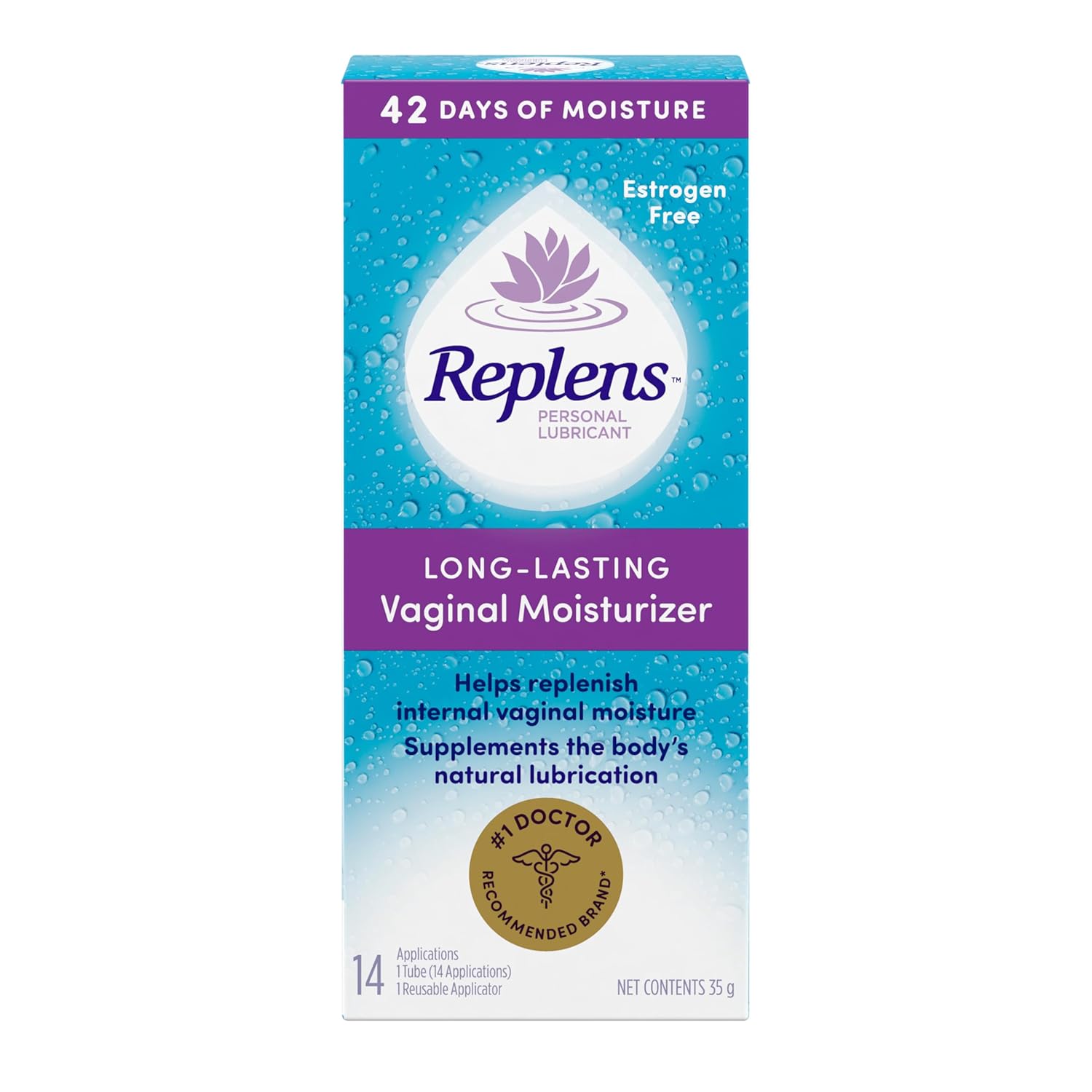 Replens Long-Lasting Vaginal Moisturizer and Lubricant, Replenish internal vaginal moisture, Immediate relief, Paraben free, Estrogen Free, Fragrance Free, 14 Applications, 35 g