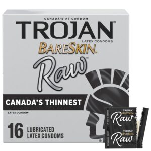 Trojan Bareskin Raw Lubricated Latex Thin Condoms, 16 Count, Canada’s Thinnest Latex Condom, Silky Smooth Lubricant for Comfort & Sensation, Enjoy a More Natural Experience and...